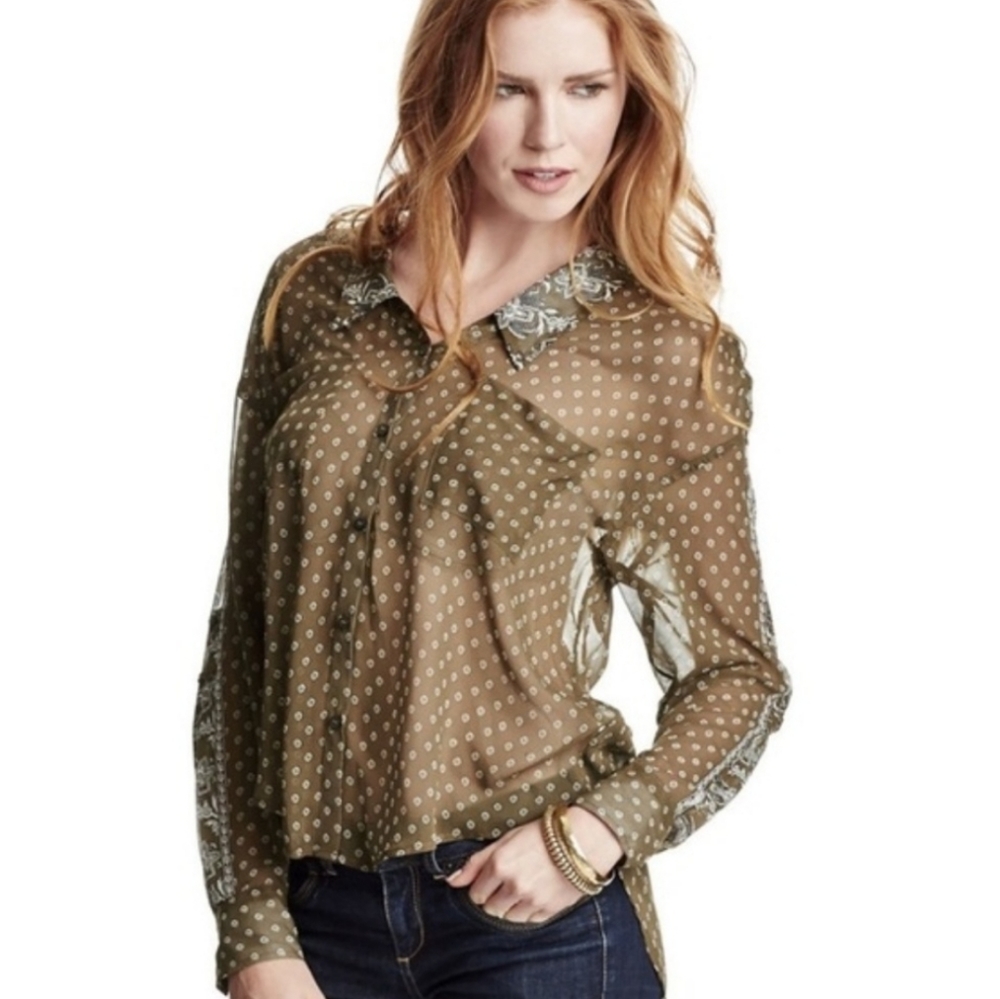 Free People Sheer Army Green Hi Low Button Down Blouse Size Small